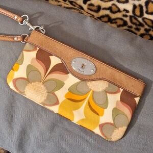 Fossil Key-Per Wristlet 7" x 4" Coated Canvas Leather Retro Floral Clutch